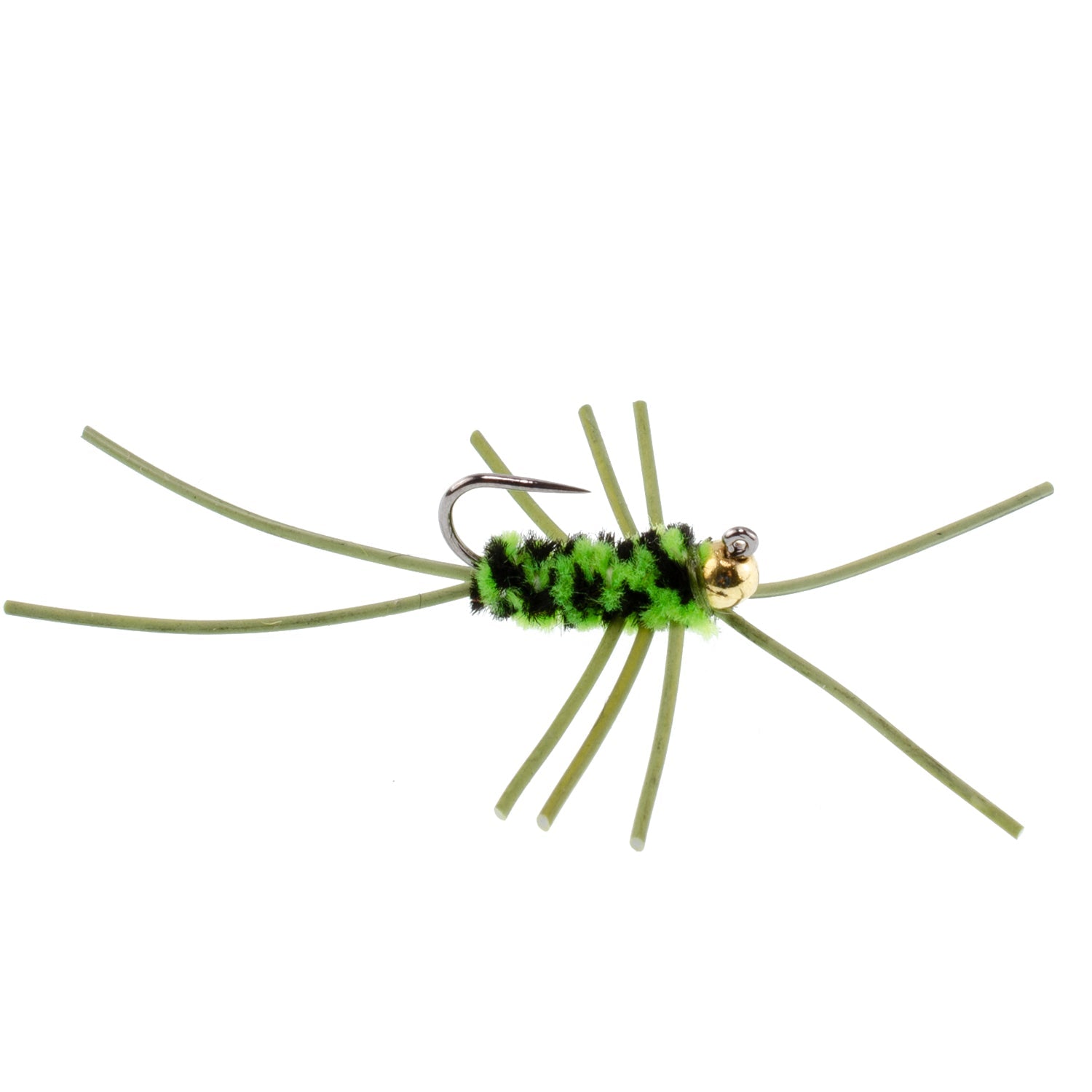 Barbless Pat's Rubber Legs Tungsten Bead Jigged Black/Chartreuse Euro Nymph  - Set of 6 Flies Hook Size 10