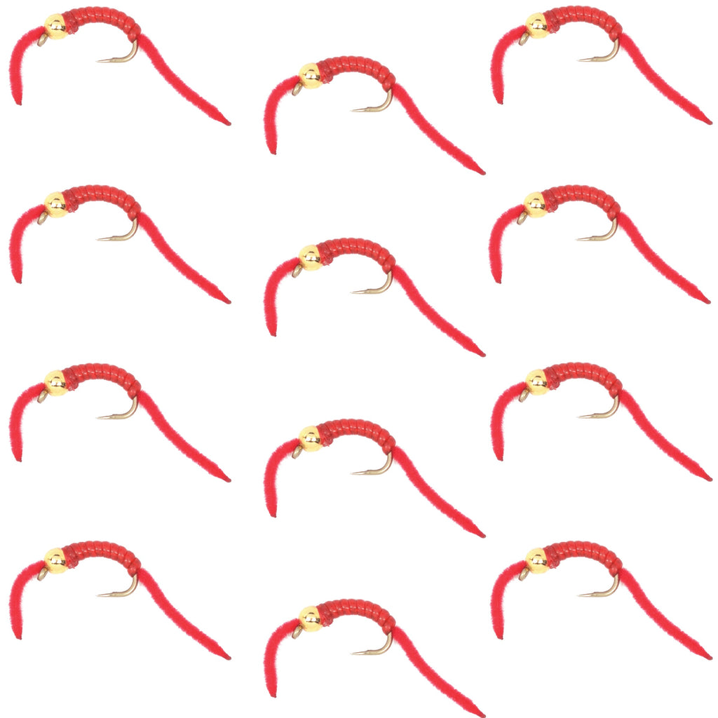 San Juan Worm Bead Head Power Worm Red V-Rib - 1 Dozen Nymph Flies Hook Size 10