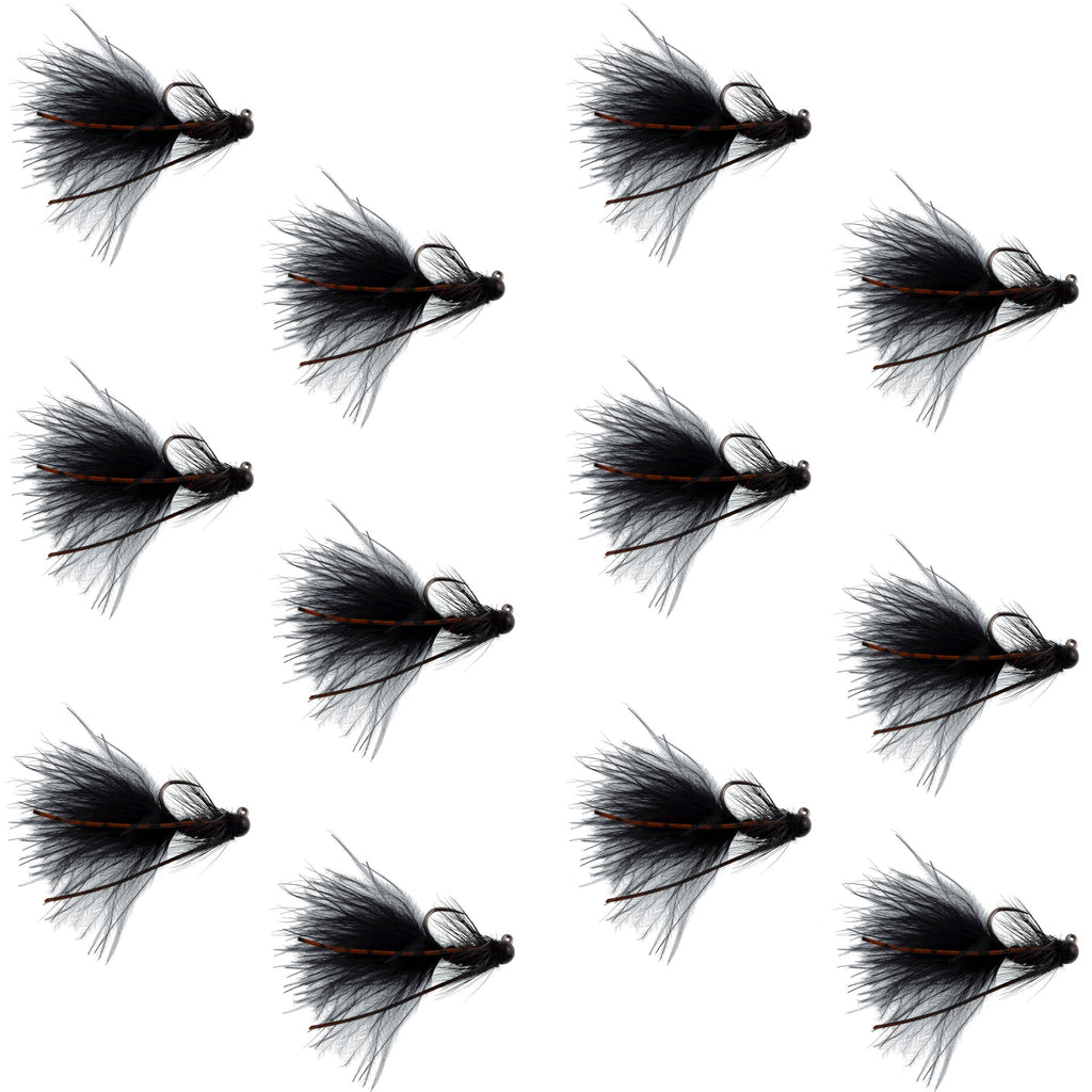 Tungsten Bead Tactical Black Mini Bugger Euro Nymph Fly - 12 Flies Size 12