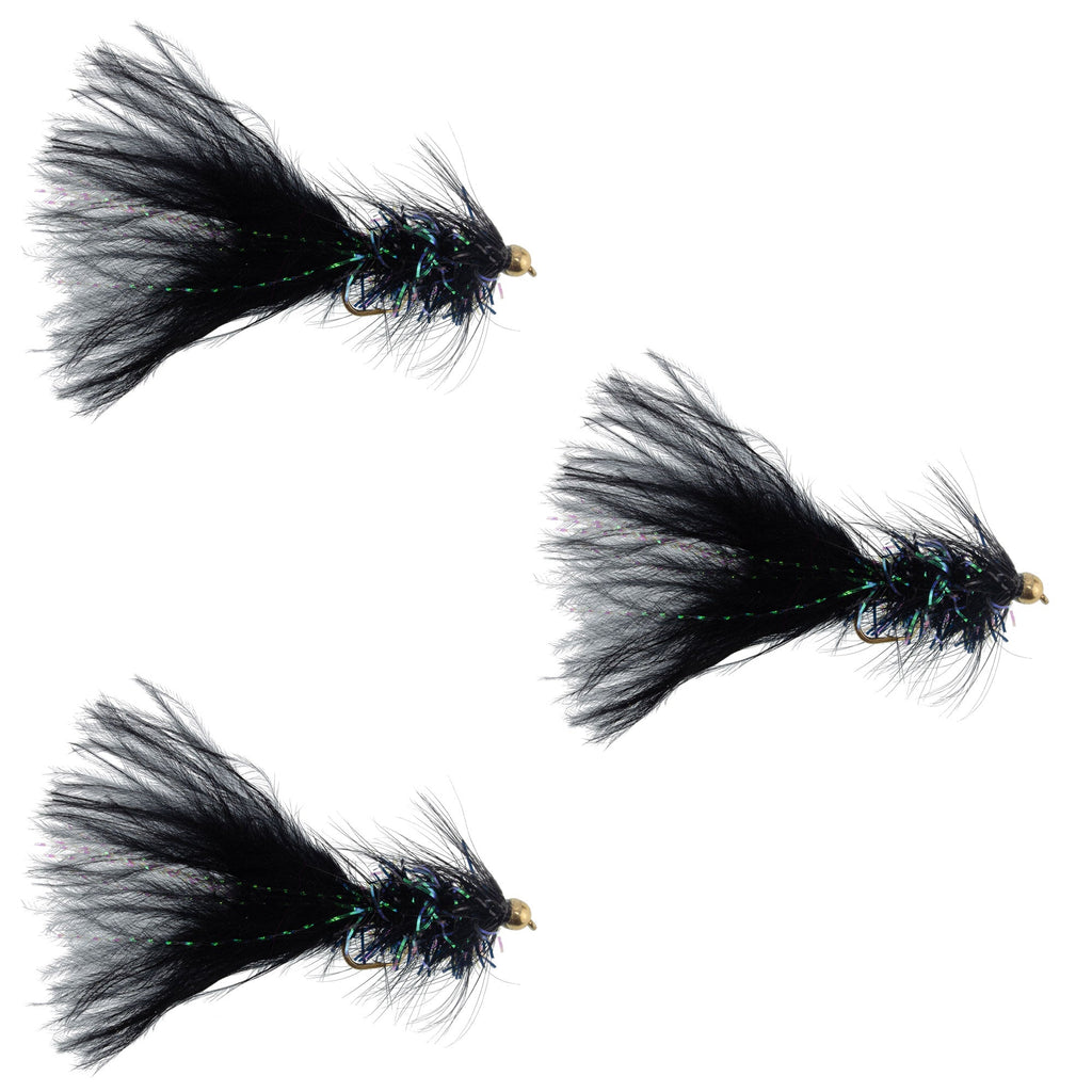 3 Pack Black Bead Head Crystal Woolly Bugger Streamer Flies Size 4