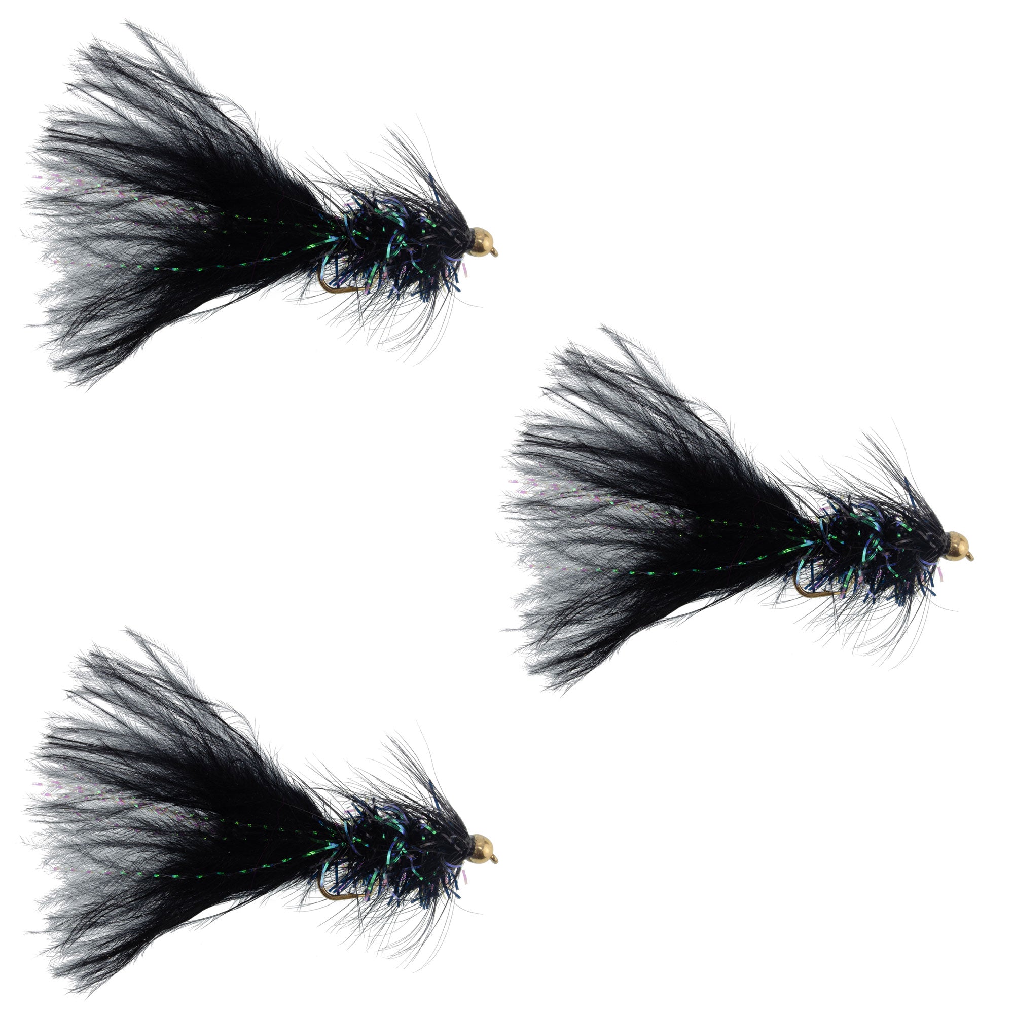 3 Pack Black Bead Head Crystal Woolly Bugger Streamer Flies Size 4