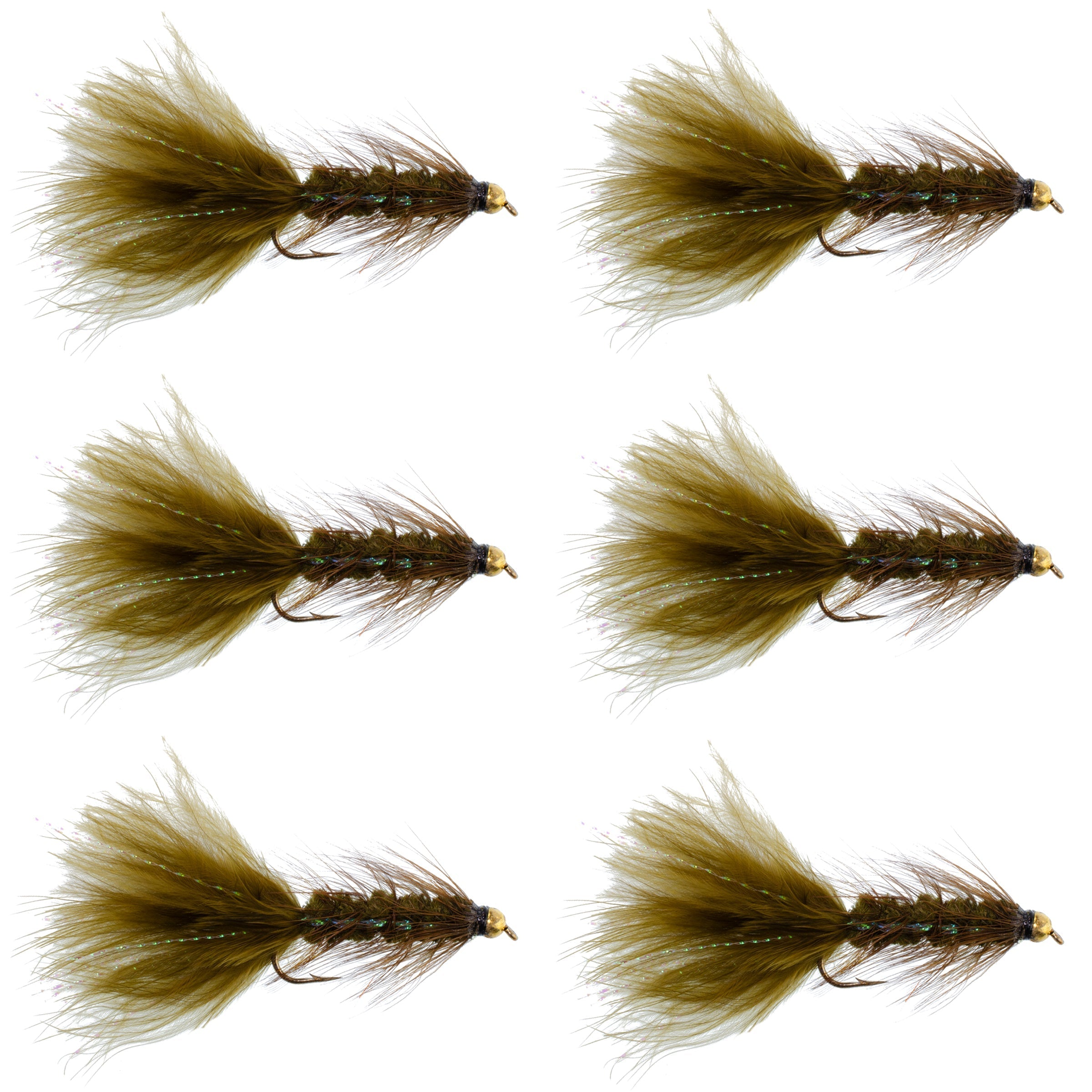 Dark Olive Bead Head Crystal Woolly Bugger Streamer Fly - 6 Flies - Size 4