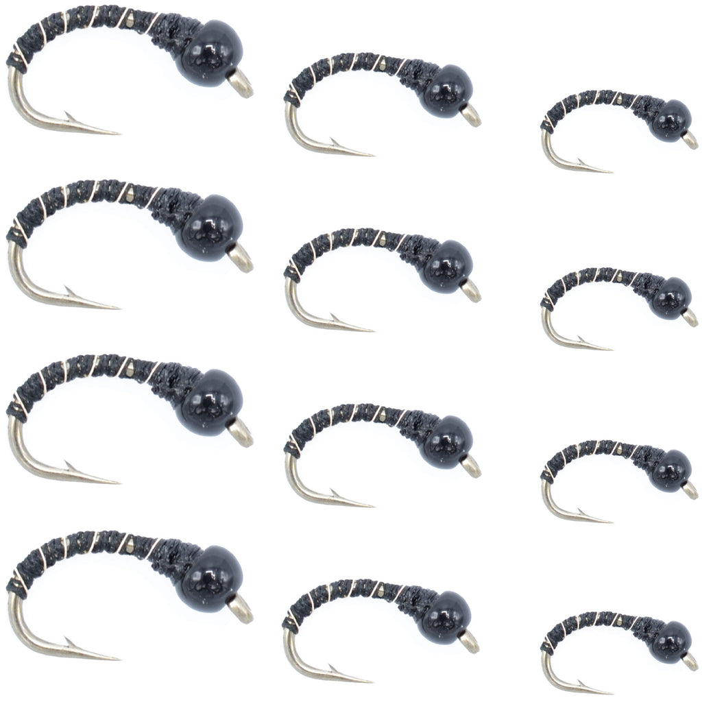 Black Zebra Midge Assortment - Black Bead Head - 1 Dozen - 4 Each of 3 Sizes 14, 16, 18 - Tailwater and Lake Fly Fishing Flies Assortment